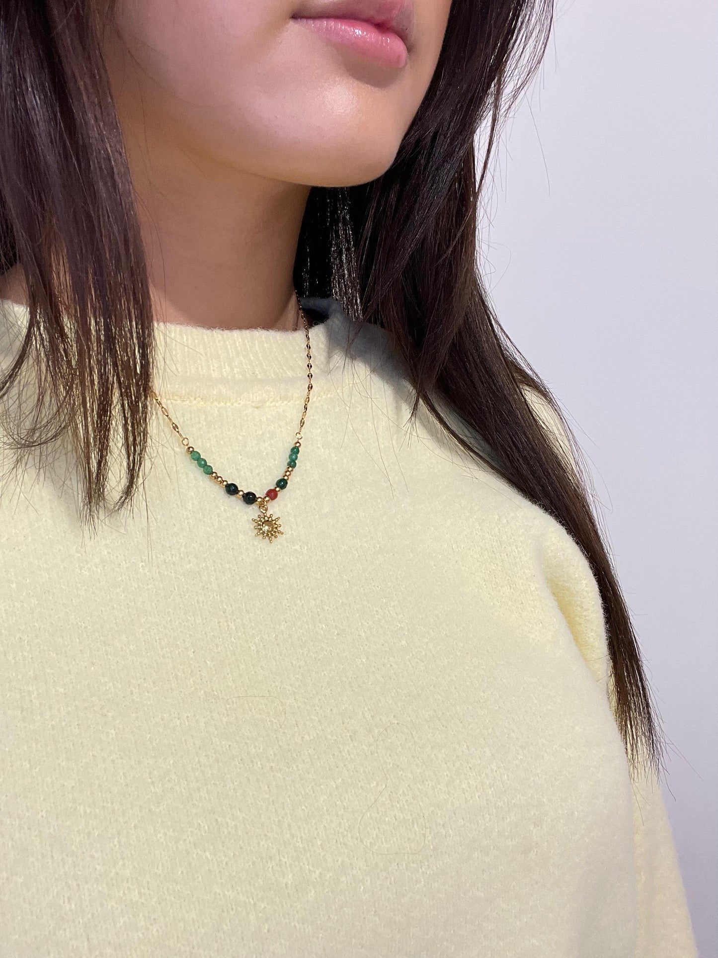 Gold Necklace with Colored Beads and Sun Pendant - Leanna