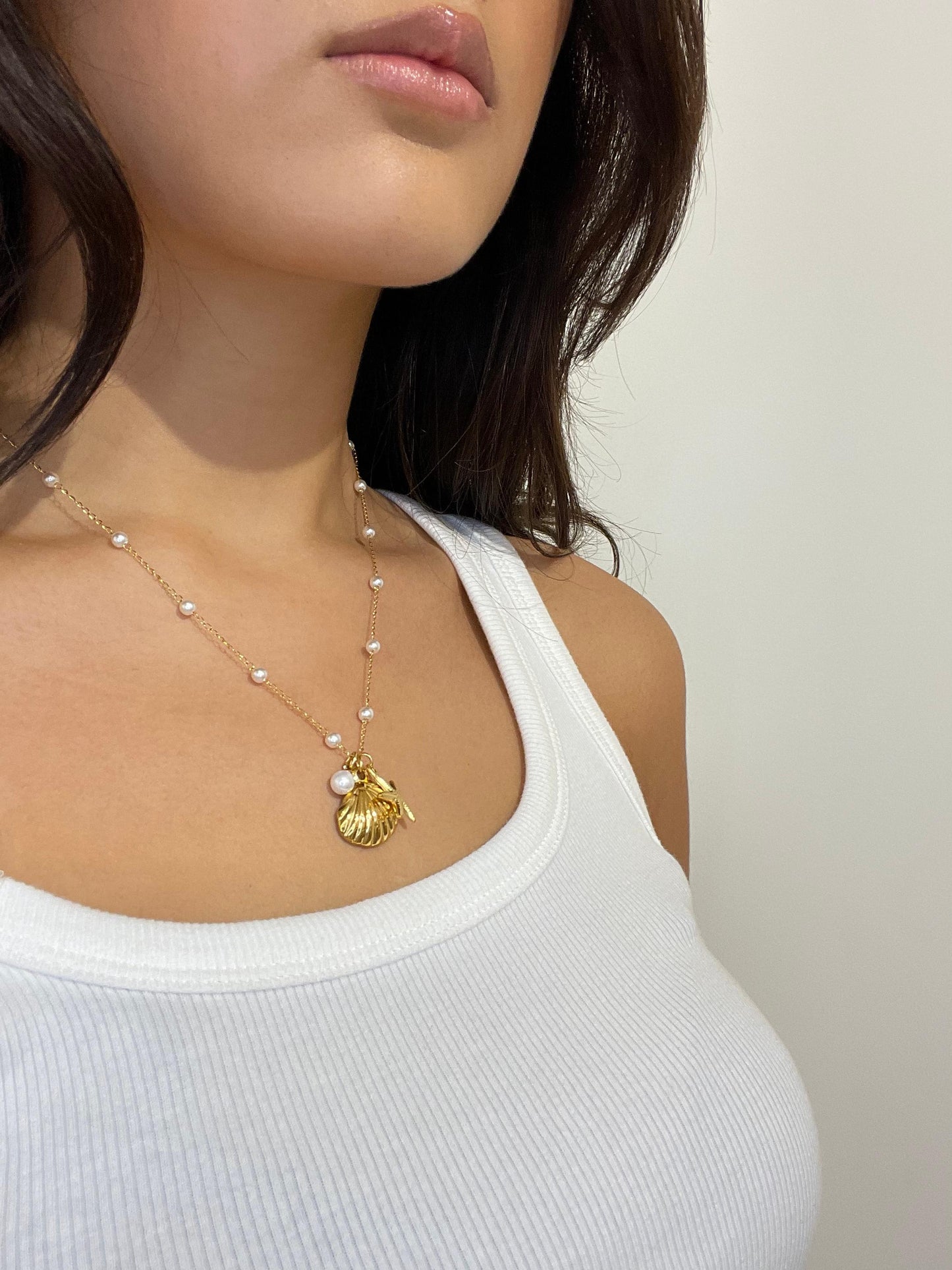 Gold Necklace with Shell, Starfish and Pearl Pendants - Rika
