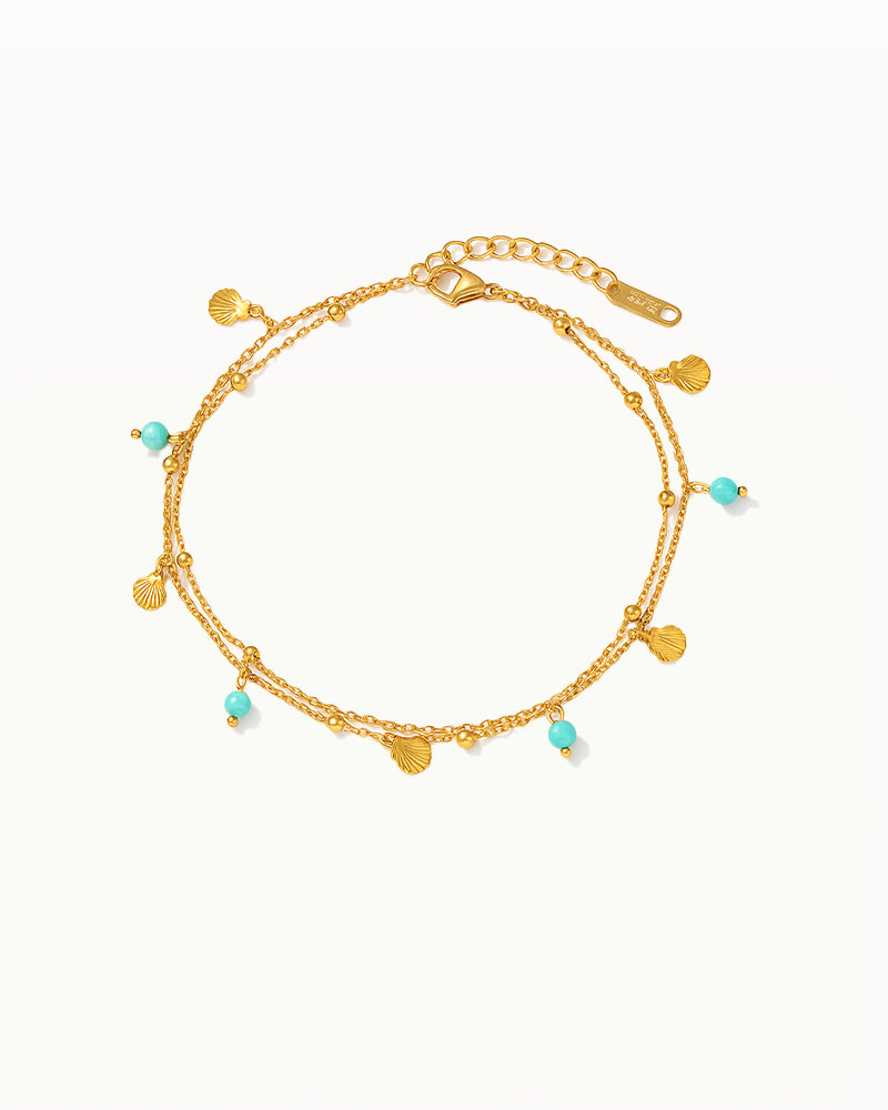 Goudkleurige Enkelband met Turquoise Kralen en Schelpbedels - Kendra