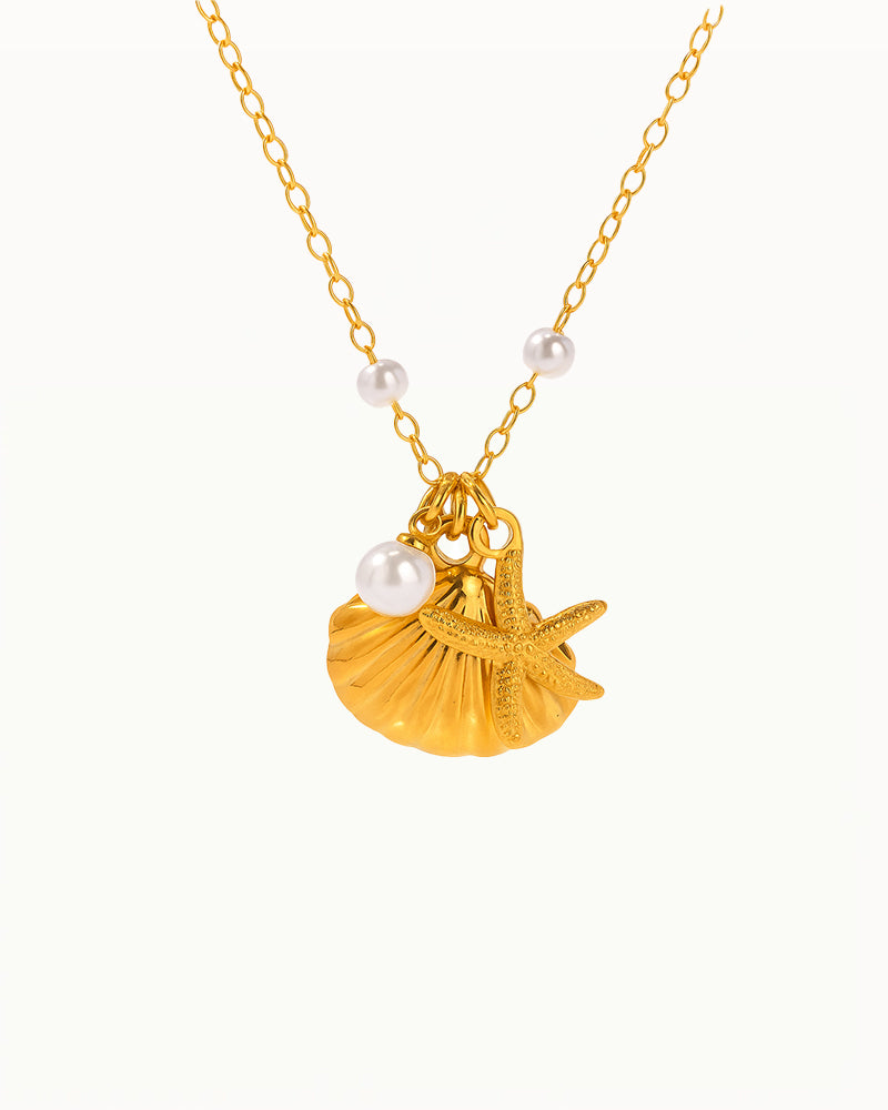 Gold Necklace with Shell, Starfish and Pearl Pendants - Rika