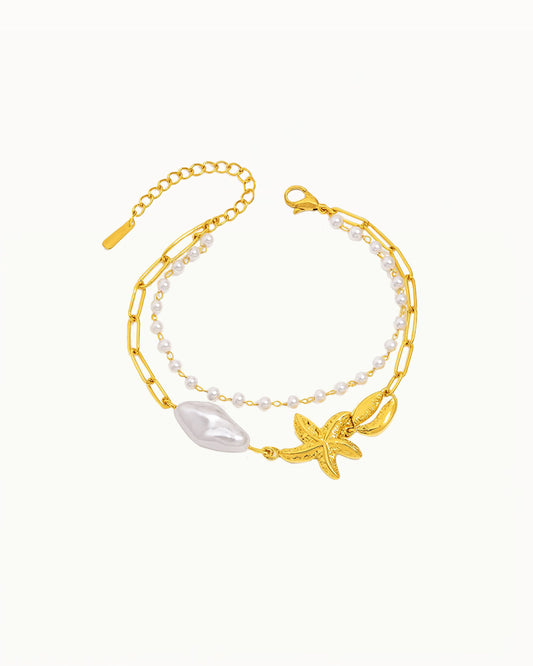 Gouden Dubbele Armband met Parel, Zeester & Schelp - Busra