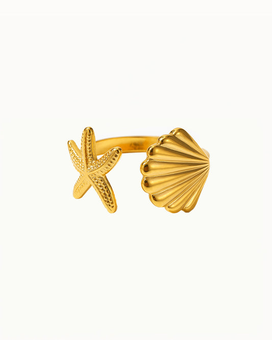 Goudkleurige Ring met Zeester & Schelp - Verstelbaar - Priscilla - R52